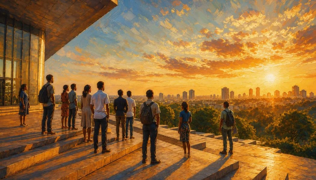 Vue peinte d'un groupe de personnes reunies sur les marches d'un batiment contemporain, face a une ville africaine au couchant