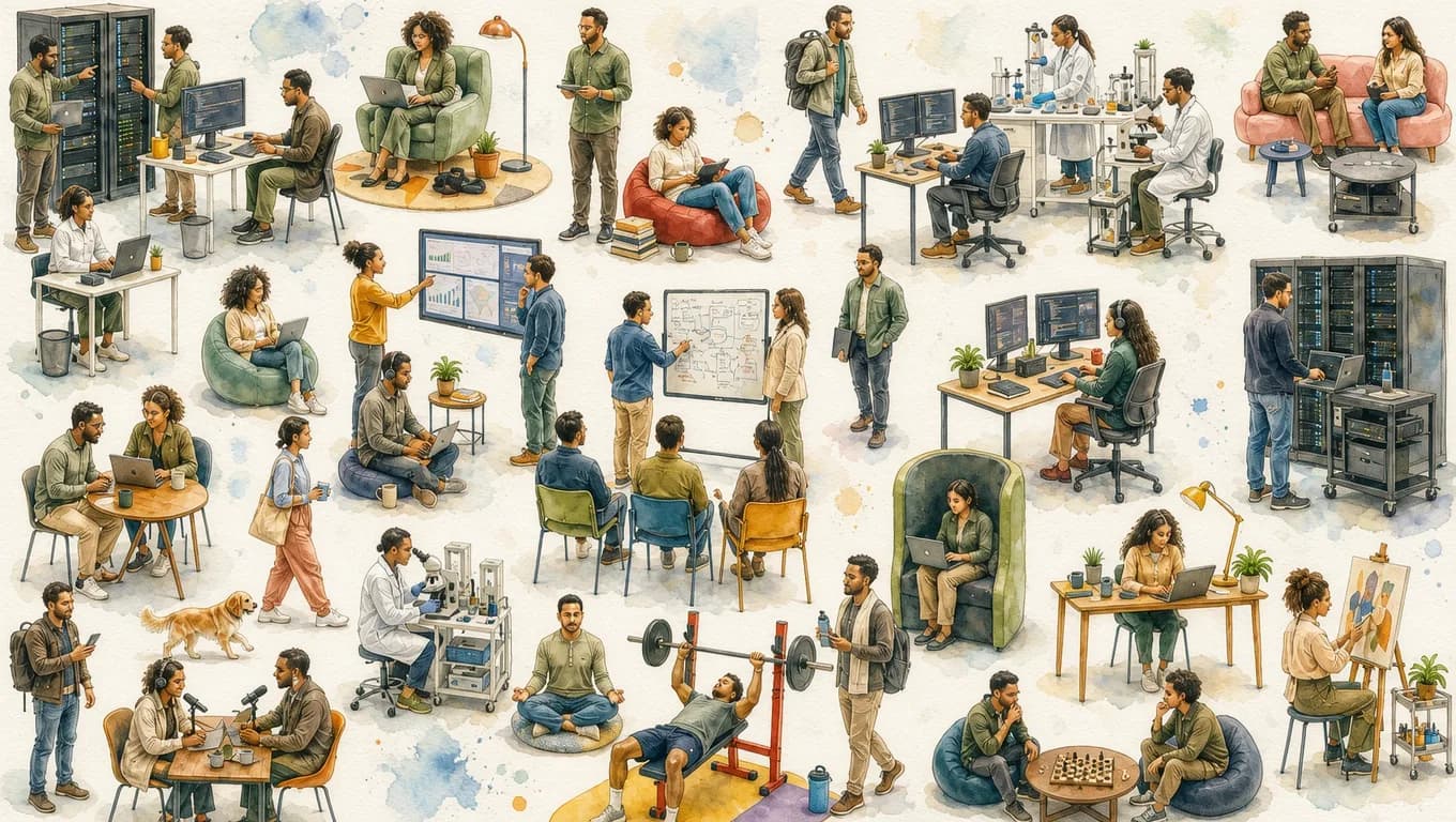 Planche peinte d'un laboratoire au travail : equipes autour de serveurs, d'ecrans de donnees, de paillasses et de tableaux, en recherche et en experimentation